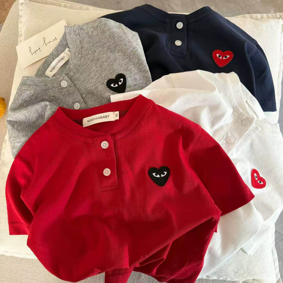 Kids Chinese Style Half-Button Cotton Summer Short Sleeve Tee