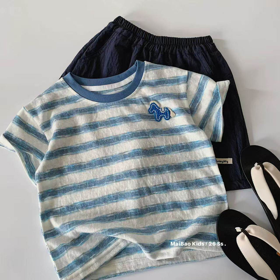 Kids Korean Style Striped Color-Block Embroidered T-Shirt