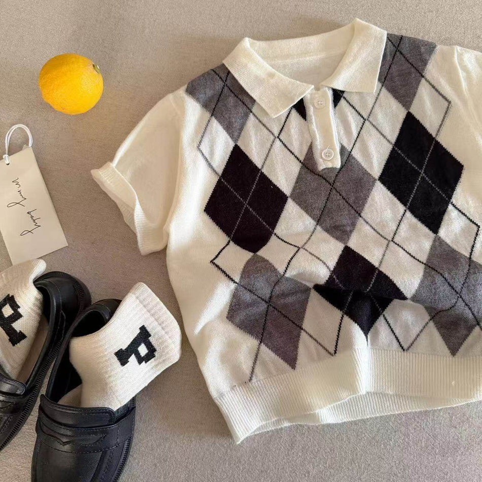 Kids Retro Plaid Knitted Polo Shirt Preppy Summer Top