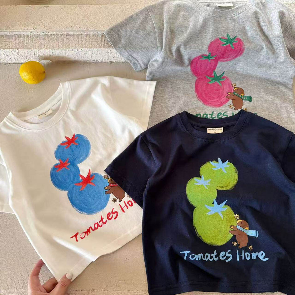 Kids Cartoon Letter Cotton Loose Fit Short Sleeve Summer Tee