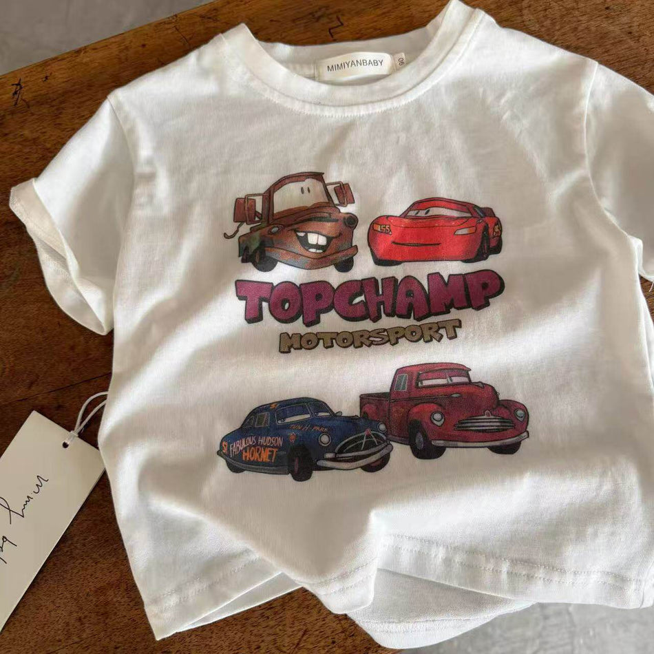 Kids American Retro Car Print Short Sleeve Casual Summer Tee