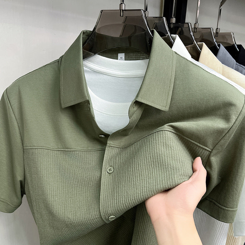 Men's Contrast Panel Short Sleeve Casual Business Lapel Shirt