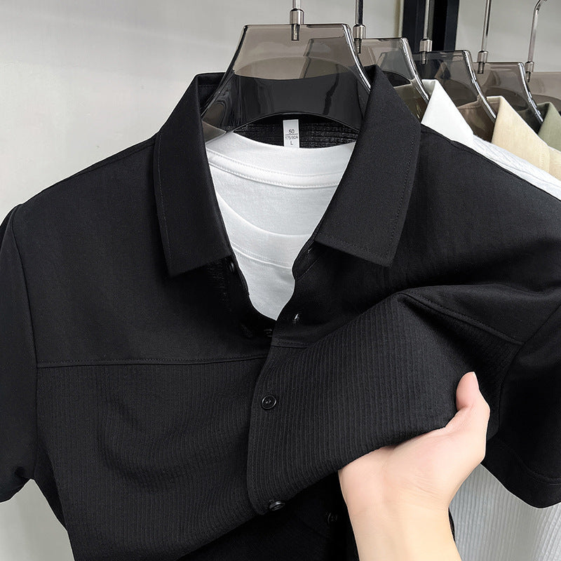 Men's Contrast Panel Short Sleeve Casual Business Lapel Shirt