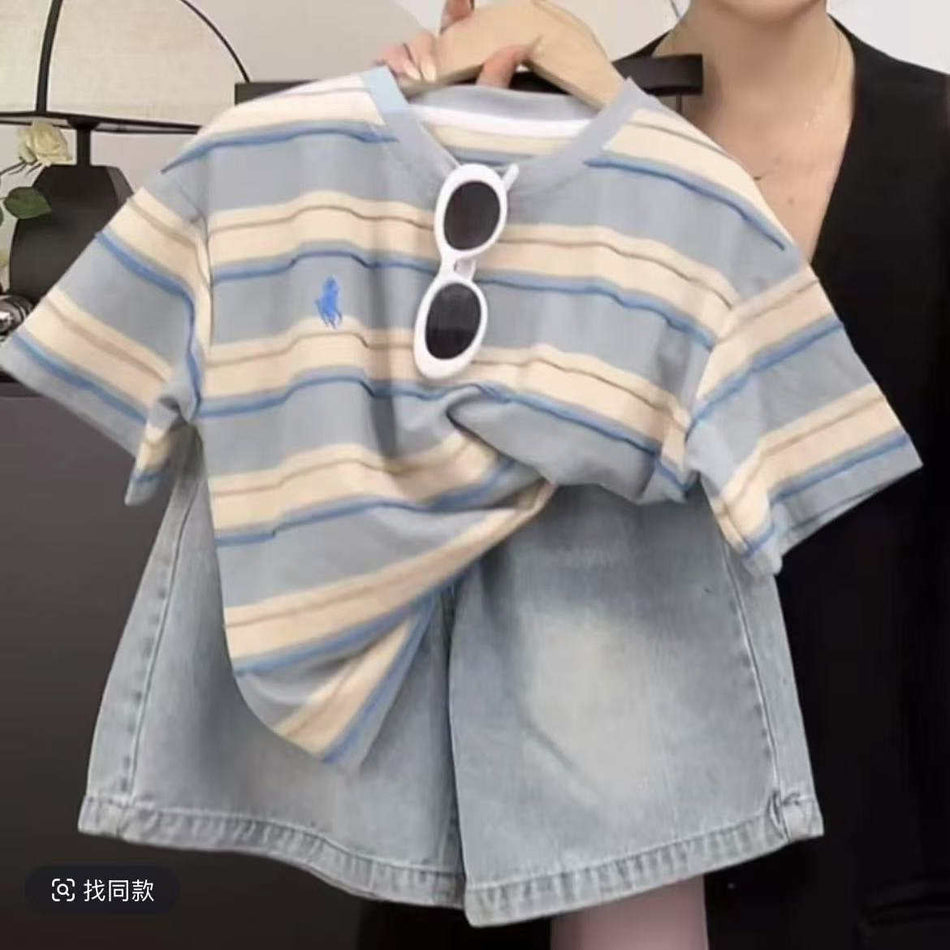 Kids Color-Block Striped Loose Fit Short Sleeve Summer Tee