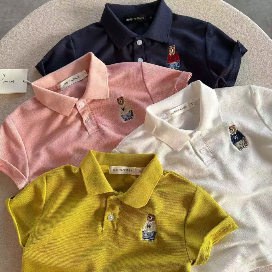 Kids Bear Embroidered Polo Shirt Short Sleeve Summer Tee