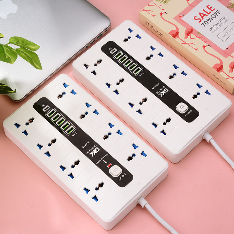 Multi-Socket Extension Power Strip with USB Ports and Long Cable in Black