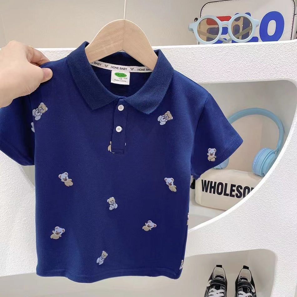 Kids Korean Style White Polo Collar Short Sleeve Summer Tee