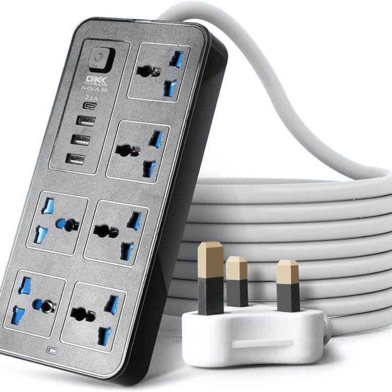 British Standard USB Power Strip with Multi-Socket Switch Panel in White