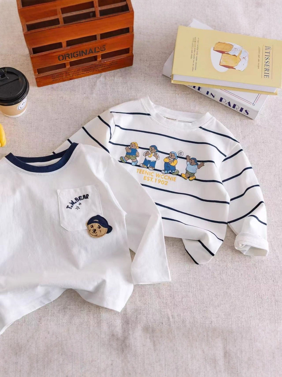 Kids Striped Cartoon Bear Long Sleeve Cotton Spring Fall Te