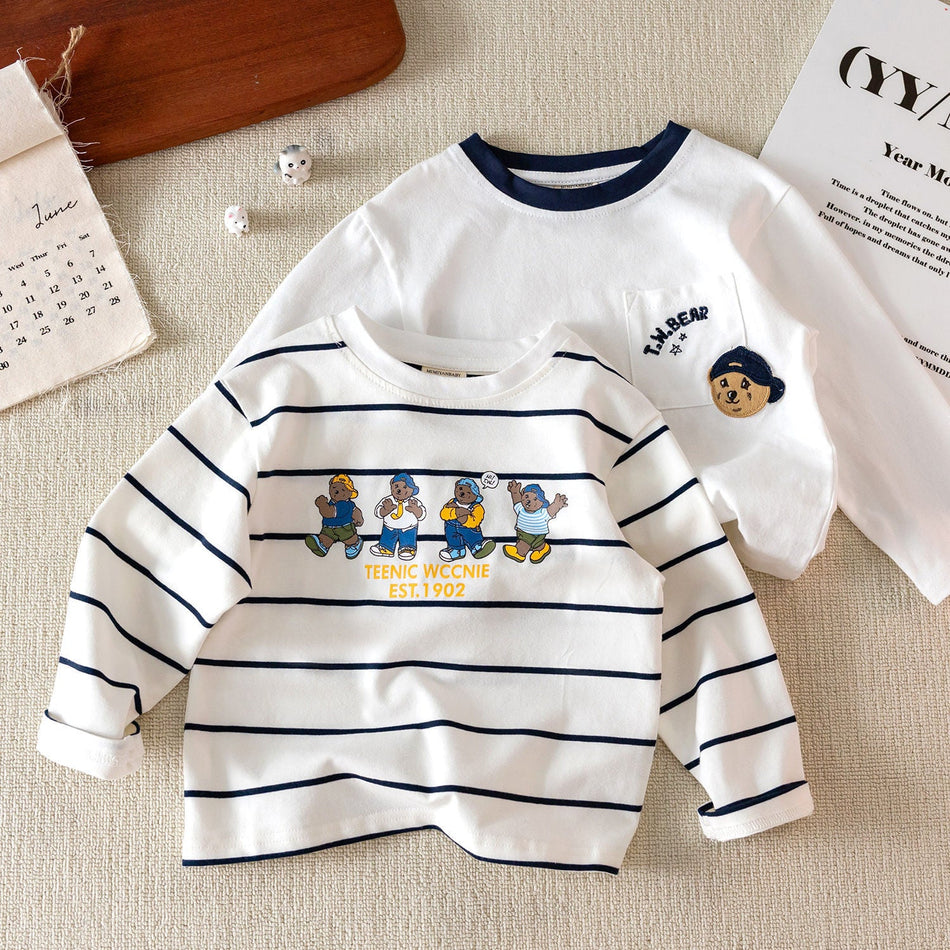 Kids Striped Cartoon Bear Long Sleeve Cotton Spring Fall Tee