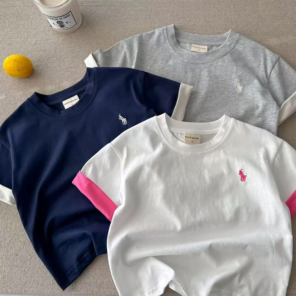 Kids Japanese Pony Label Contrast Cotton Short Sleeve Tee