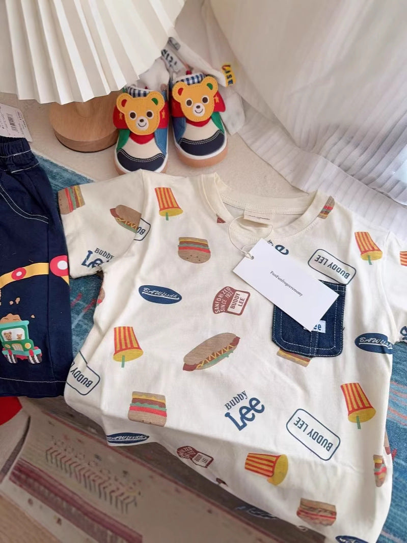 Kids Japanese Style Burger Fries Cotton Short Sleeve Summer Tee