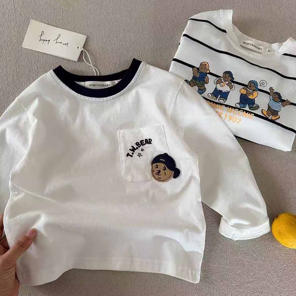 Kids Bear Pocket Striped Long Sleeve Cotton Spring Autumn Tee