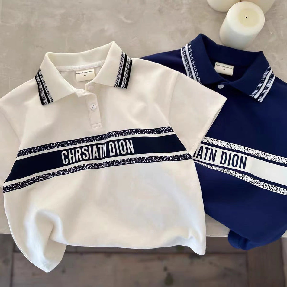 Kids Letter Embroidered Polo Shirt Short Sleeve Summer Top