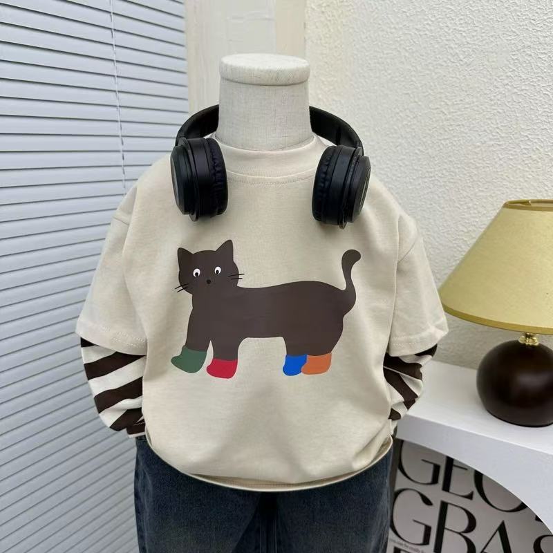 Kids Cartoon Faux Two-Piece Crewneck Long Sleeve Casual Tee