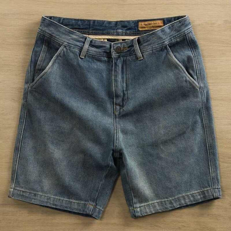 Men's Washed Workwear Denim Shorts Loose Straight Fit Blue