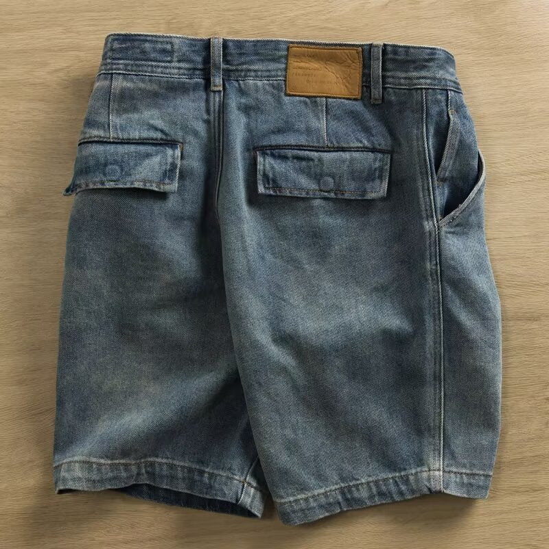Men's Washed Workwear Denim Shorts Loose Straight Fit Blue