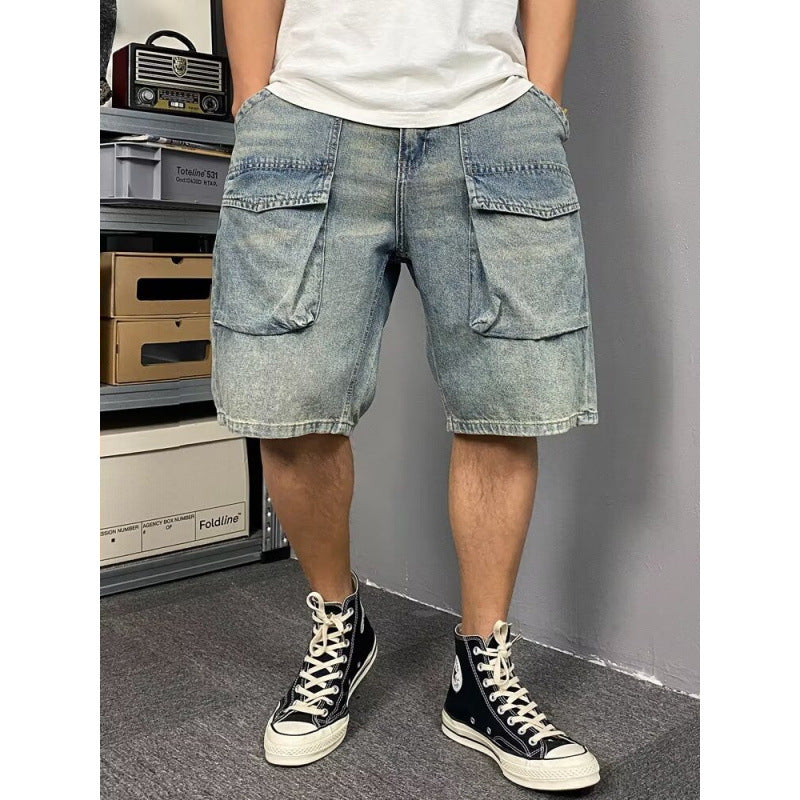 Men's Large Pocket Denim Shorts Loose Straight Fit Workwear in Blue