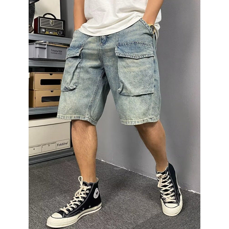 Men's Large Pocket Denim Shorts Loose Straight Fit Workwear