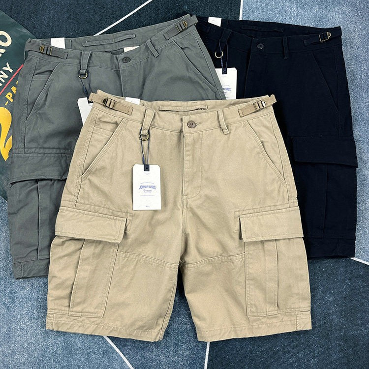 Men's Retro Multi-Pocket Work Shorts Loose Fit Knee Length in Khaki Color