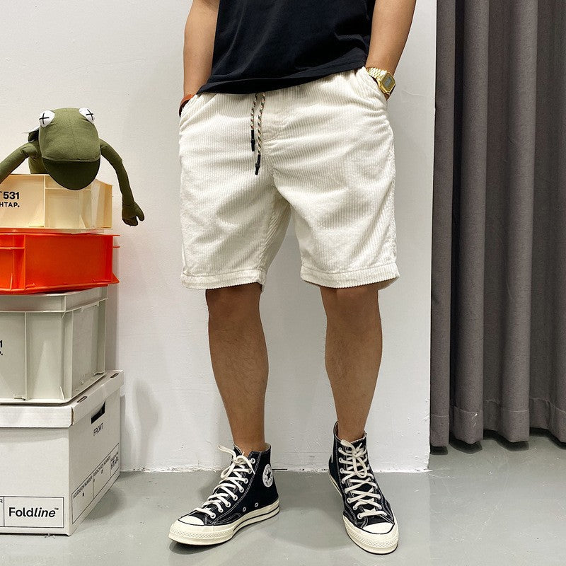 Men's Corduroy Cargo Shorts Loose Fit Retro Casual Style in White