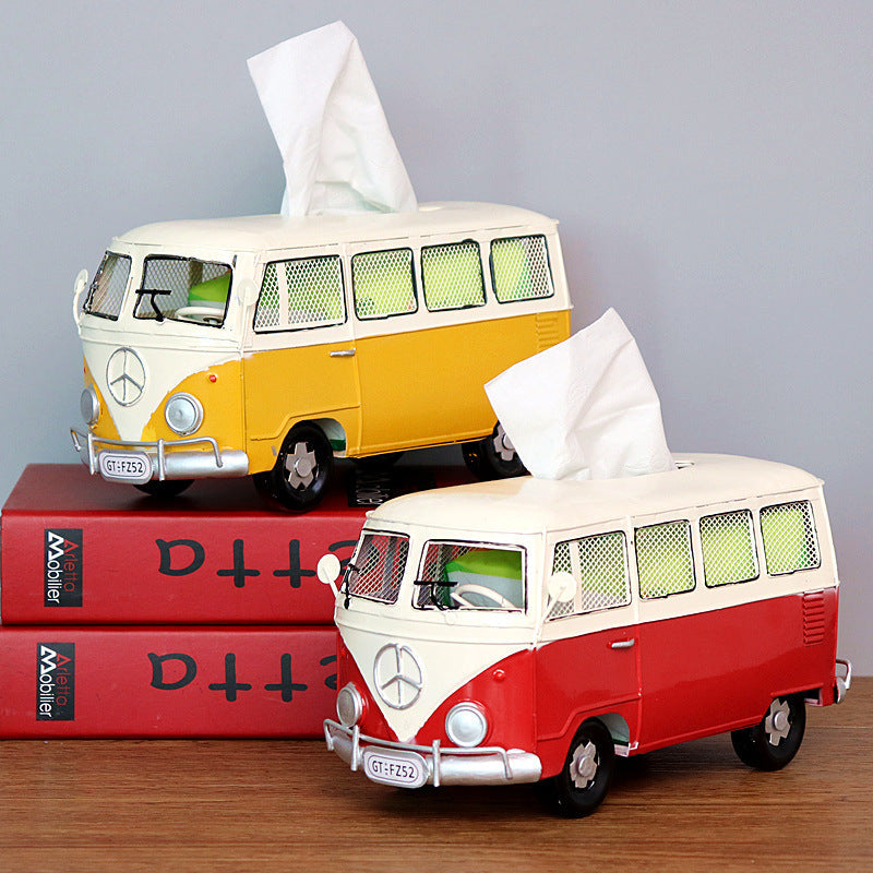 Yellow bus Retro Wrought Iron Bus Tissue Box Holder Industrial Desktop Decor