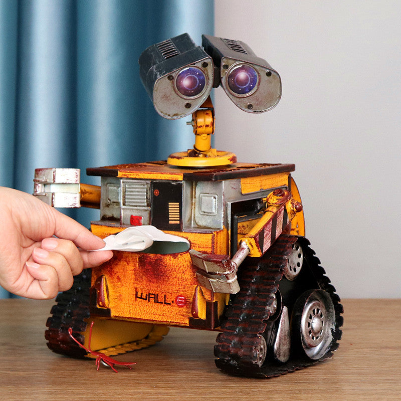 Large wali Retro Wrought Iron Robot Tissue Box Holder Decorative Piggy Bank