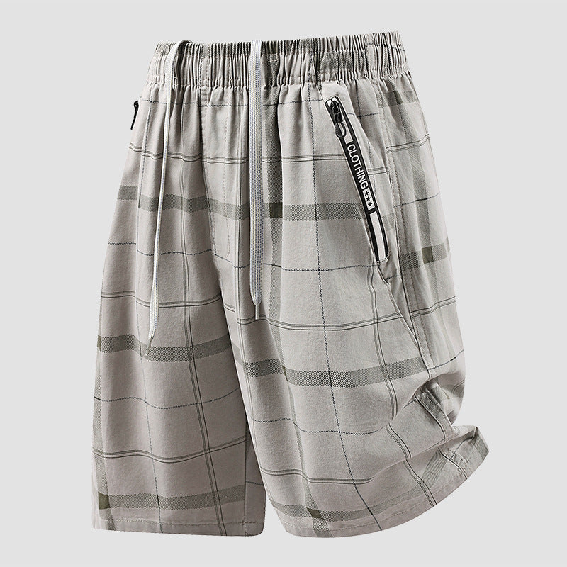 Men's Cotton Plaid Shorts Loose Fit Casual Summer Wear in Khaki Color