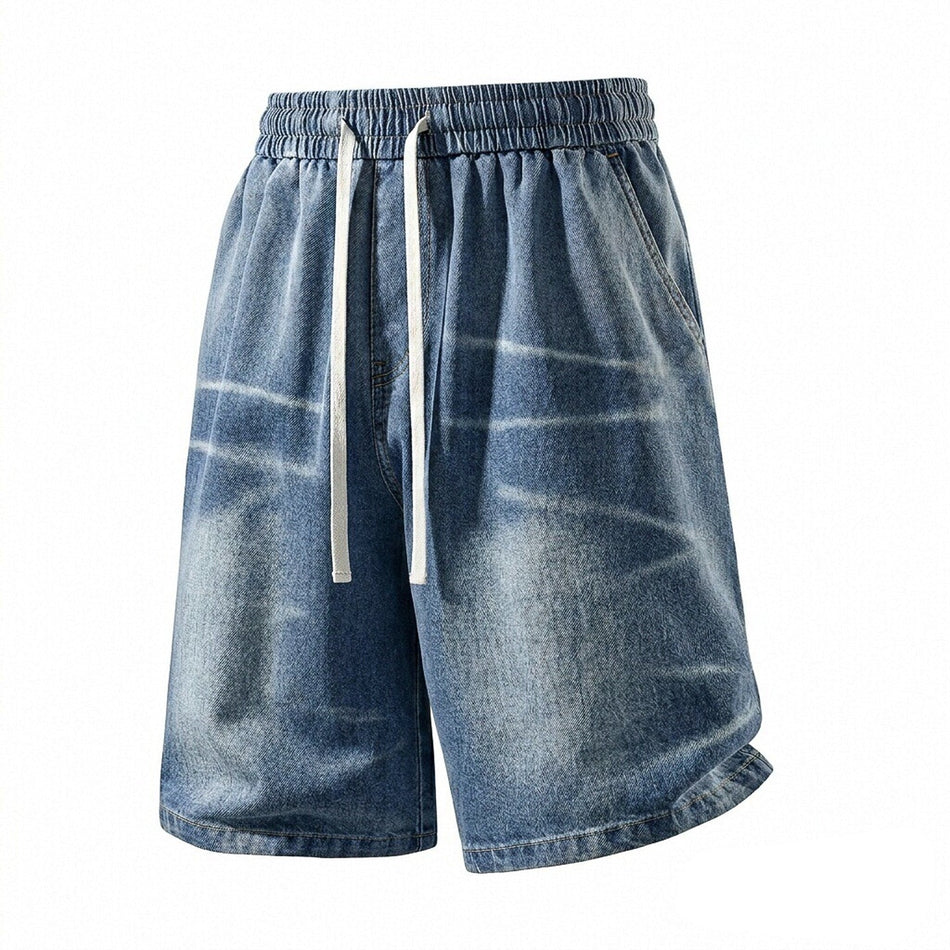 Men's Washed Denim Shorts Loose Straight Fit Casual Summer in Blue