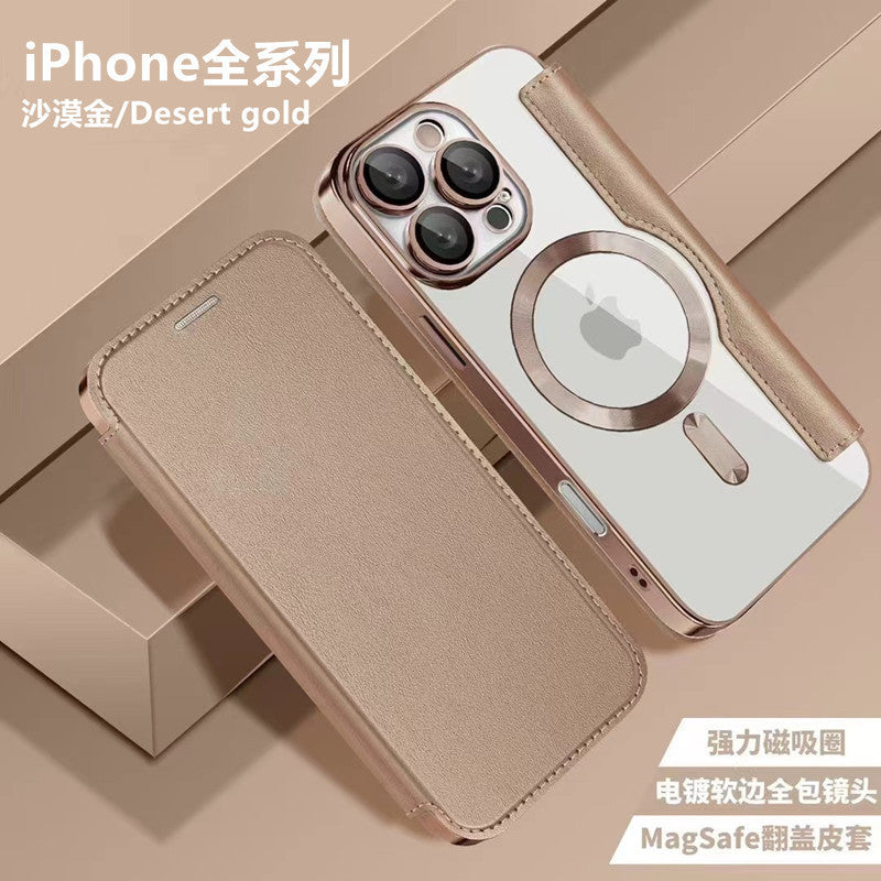 Electroplated Gold Shield Magnetic Leather Phone Case for iPhone