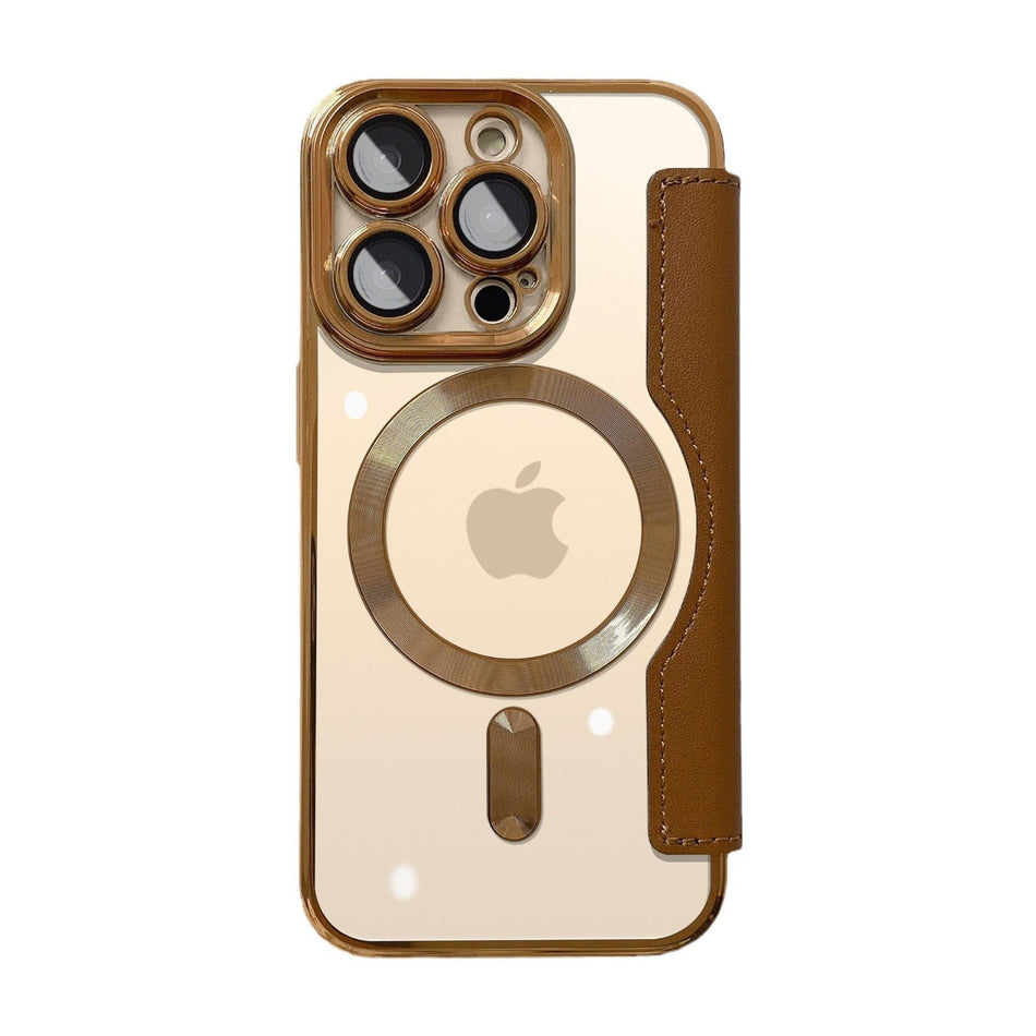Gold electroplated gold shield magnetic leather phone case for iphone series