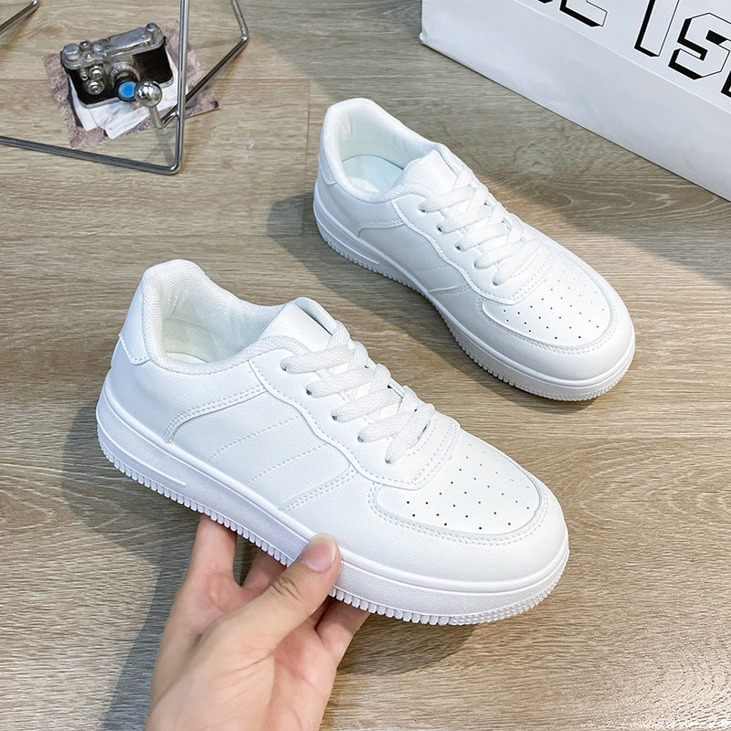 Women's Thick Sole White Leather Casual Sneakers
