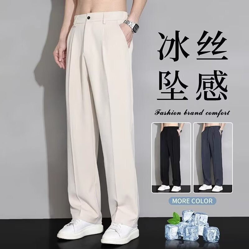 Men's Ice Silk Straight-Leg Trousers Lightweight Quick-Dry Pants