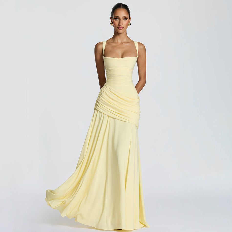 Women's Sleeveless Waist-Cinching Flared Strap Dress Solid Color