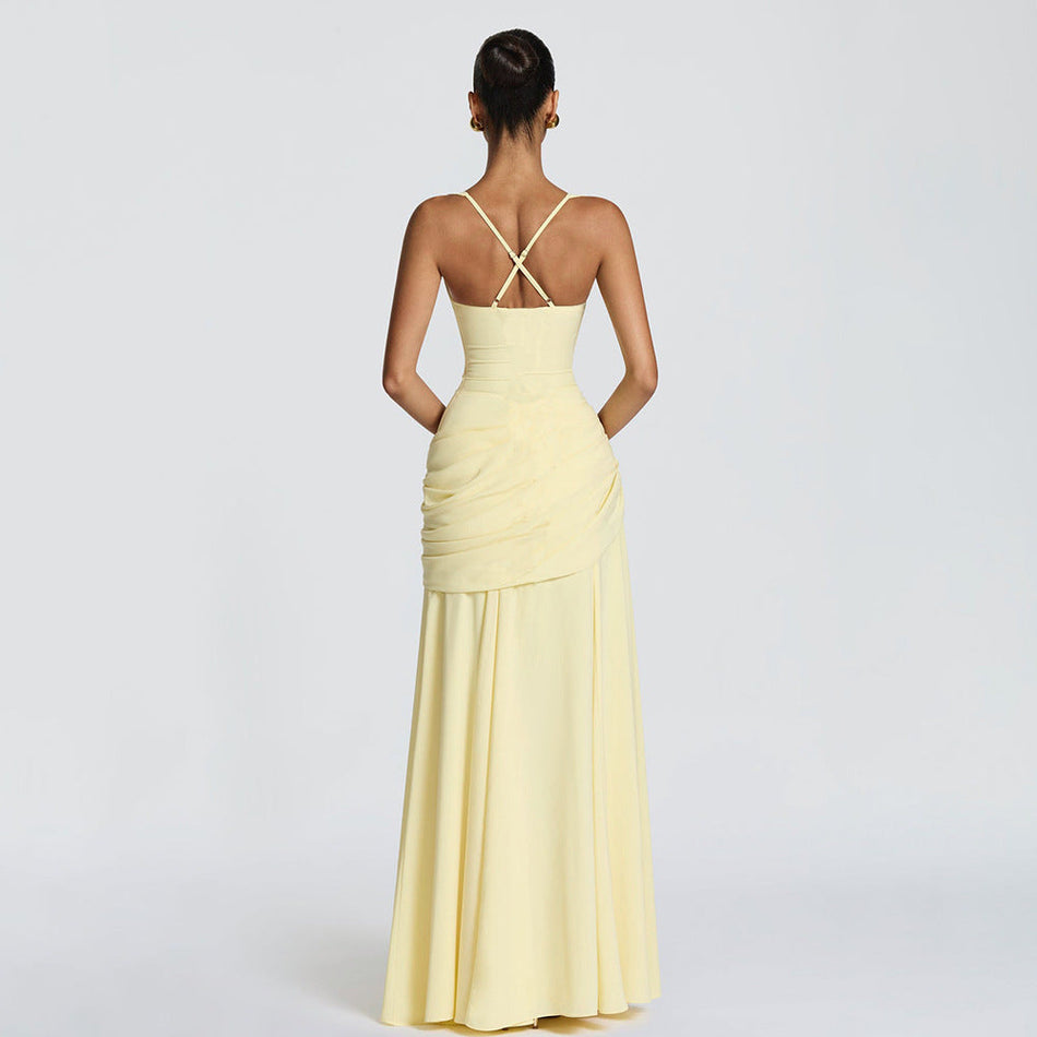 Women's Sleeveless Waist-Cinching Flared Strap Dress Solid Color