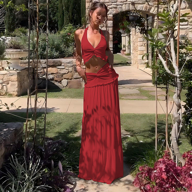 Women's Pleated Halter Top Ruffled Long Skirt Two-Piece Set
