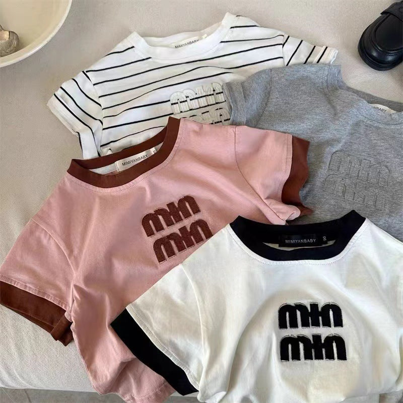 Kids Korean Style Embroidered Striped T-Shirt