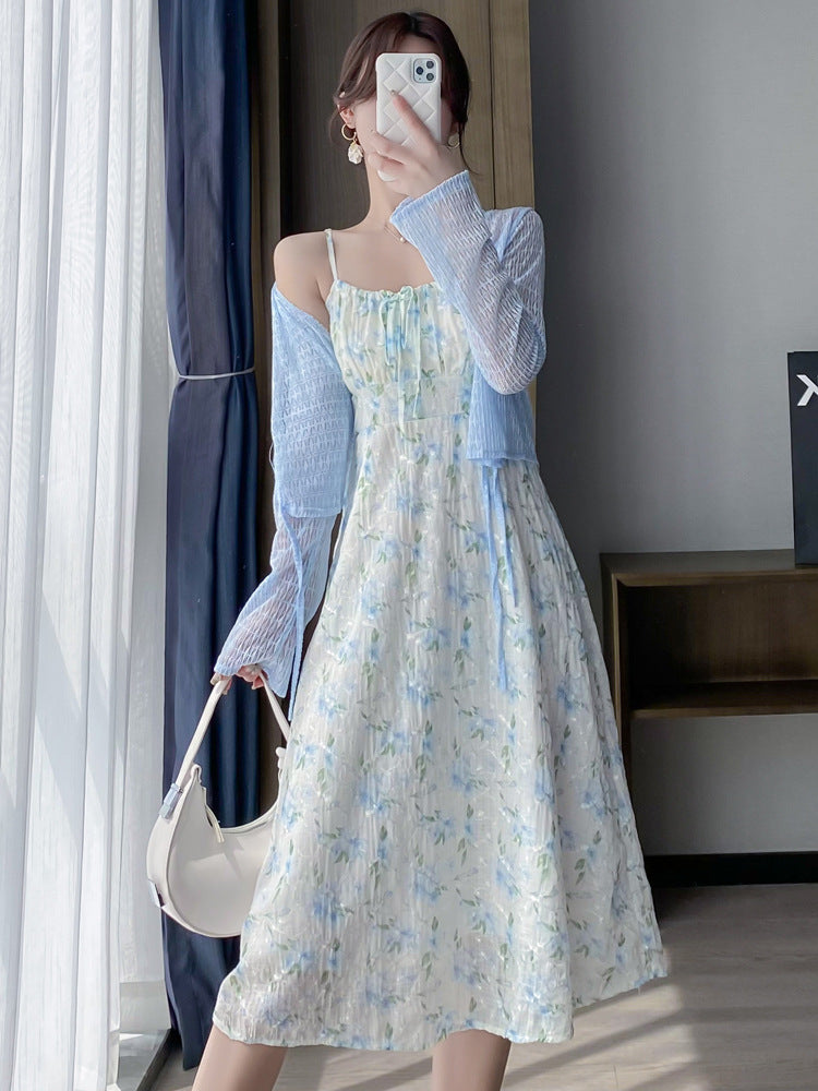 Women's Floral Sling Dress Cardigan Two-Piece Vacation Set