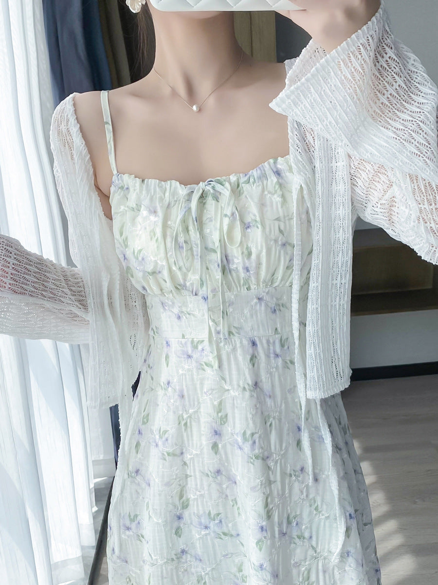 Women's Floral Sling Dress Cardigan Two-Piece Vacation Set