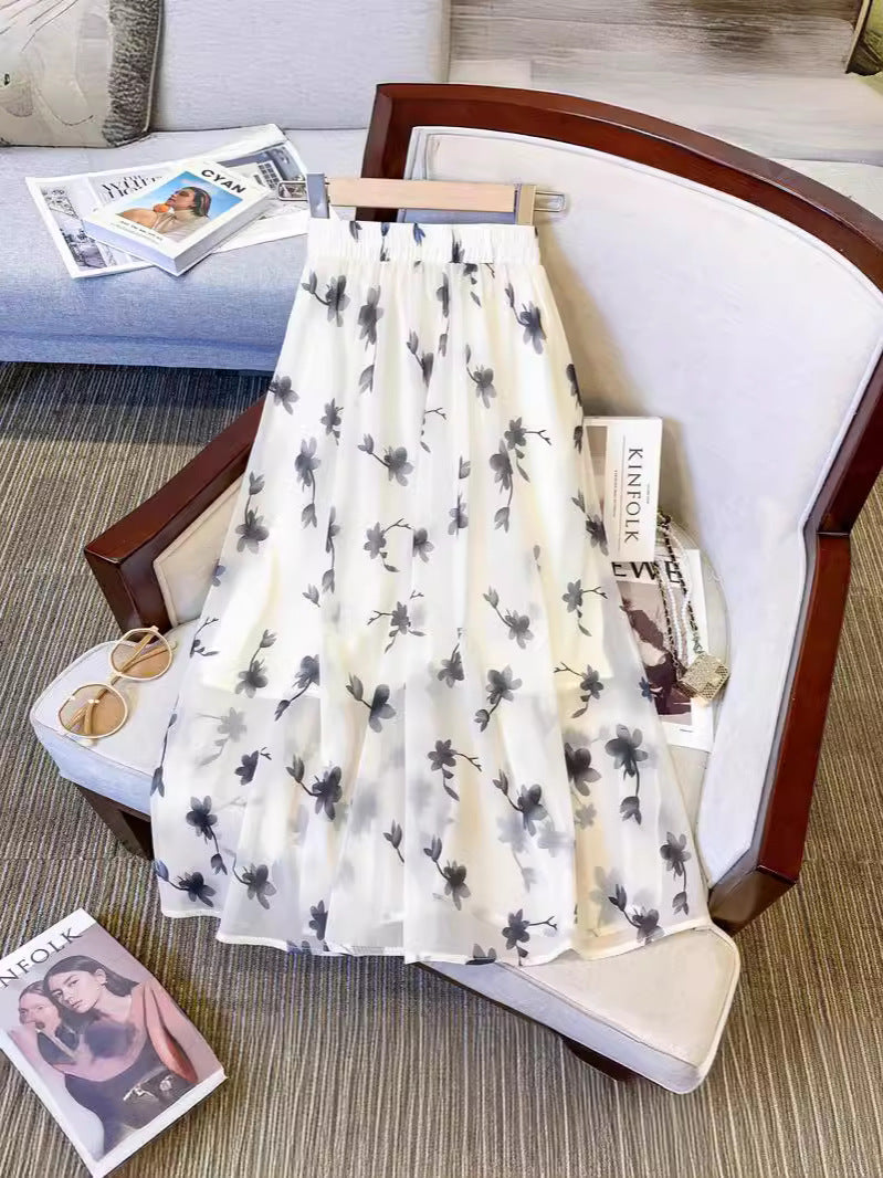 Women's High Waist Floral Midi Skirt Slimming Summer Skirt