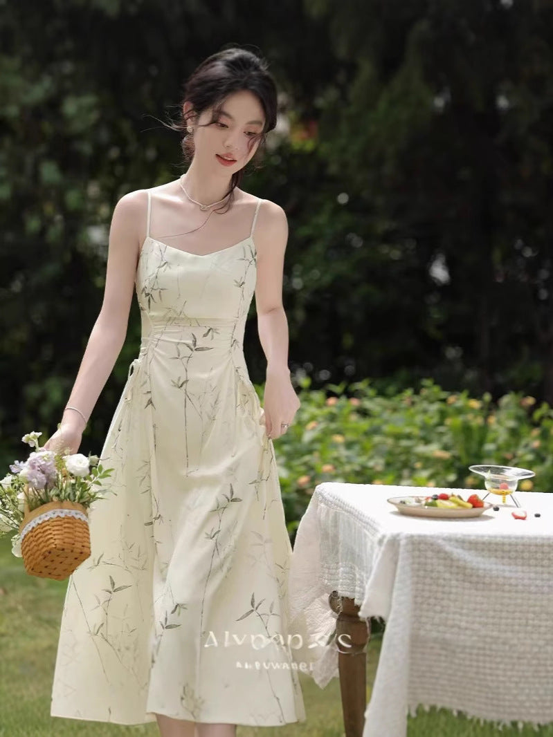 Women's French Style Suspender Waist Slimming Midi Dress