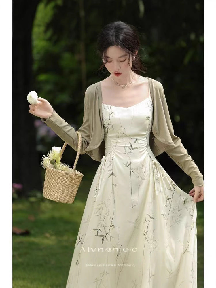 Women's French Style Suspender Waist Slimming Midi Dress