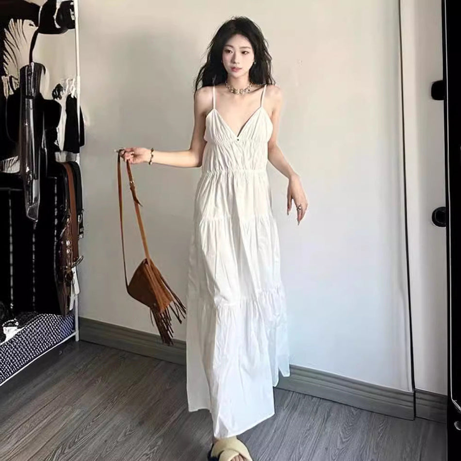 Girls Sleeveless V-Neck White Sling Holiday Dress