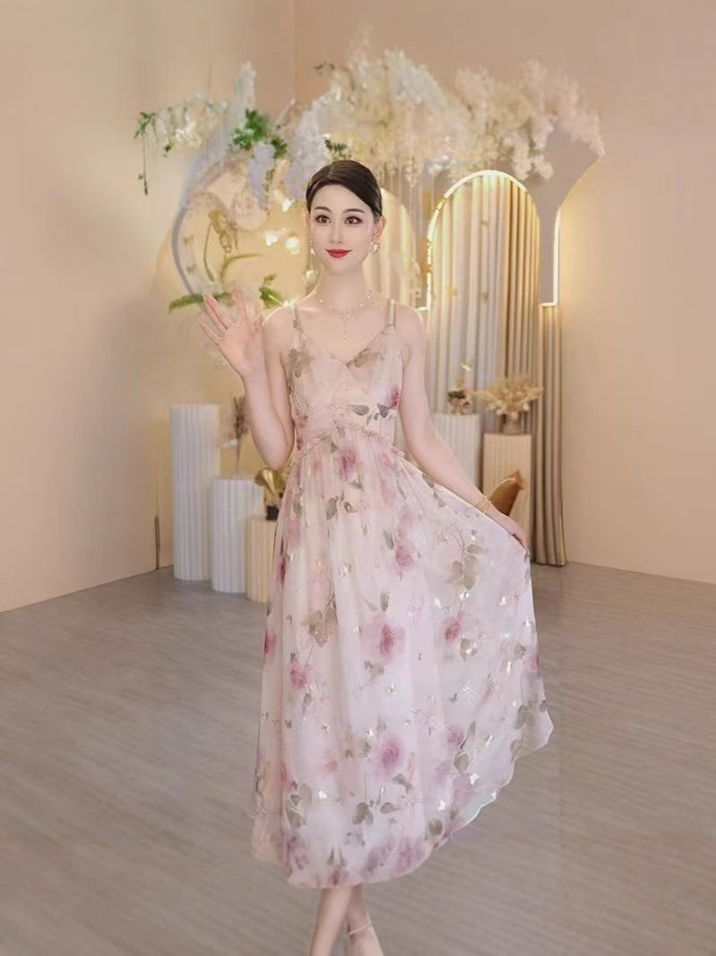 Women's Elegant Suspender Midi Dress Slim Drapey Summer Style
