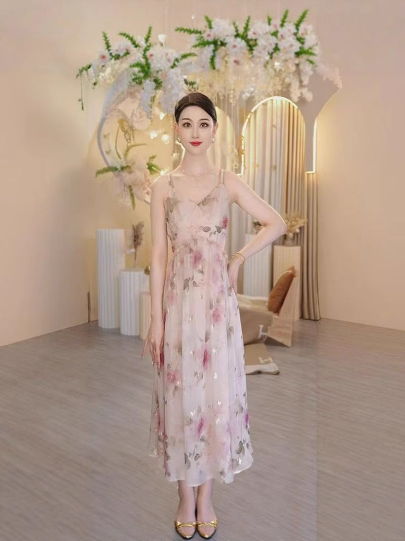 Women's Elegant Suspender Midi Dress Slim Drapey Summer Style