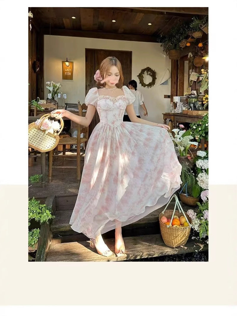 Women's Floral Chiffon Square Neck Midi Dress Waist Slimming