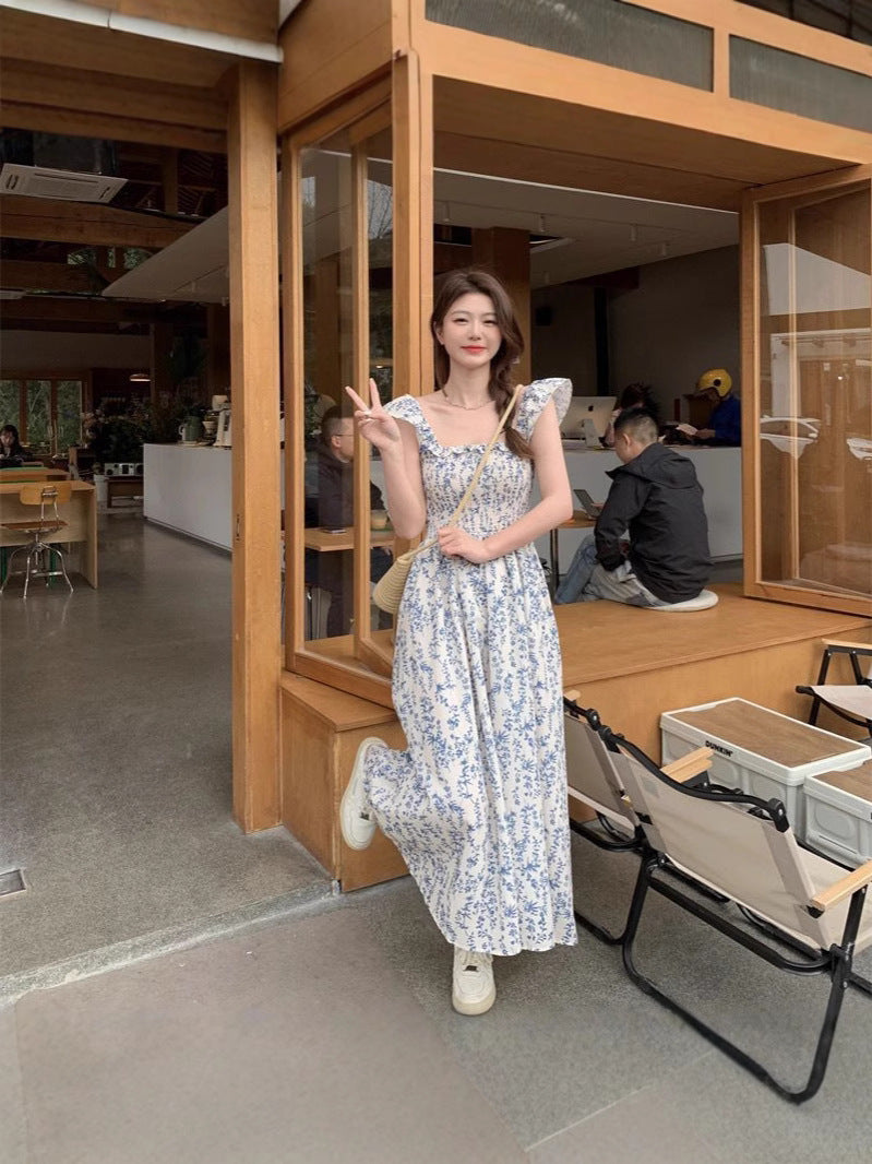 Women's French Style Flying Sleeve High Waist Midi Dress