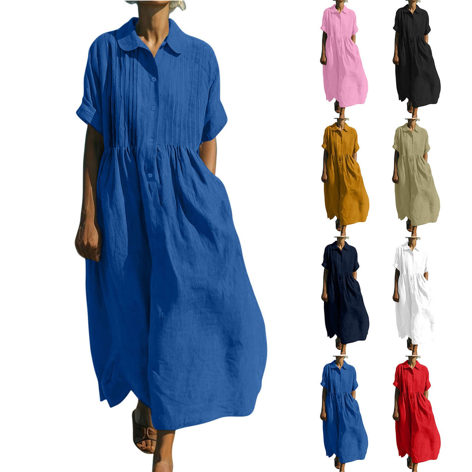 Women's Cotton Linen Pleated Shirt Dress with Button Front