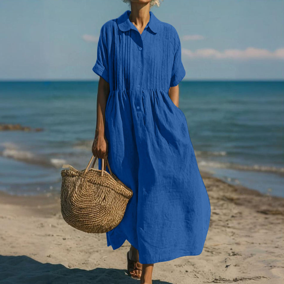 Women's Cotton Linen Pleated Shirt Dress with Button Front