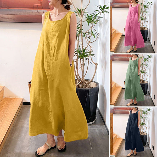 Women's Cotton Linen Sleeveless Maxi Dress with Pockets